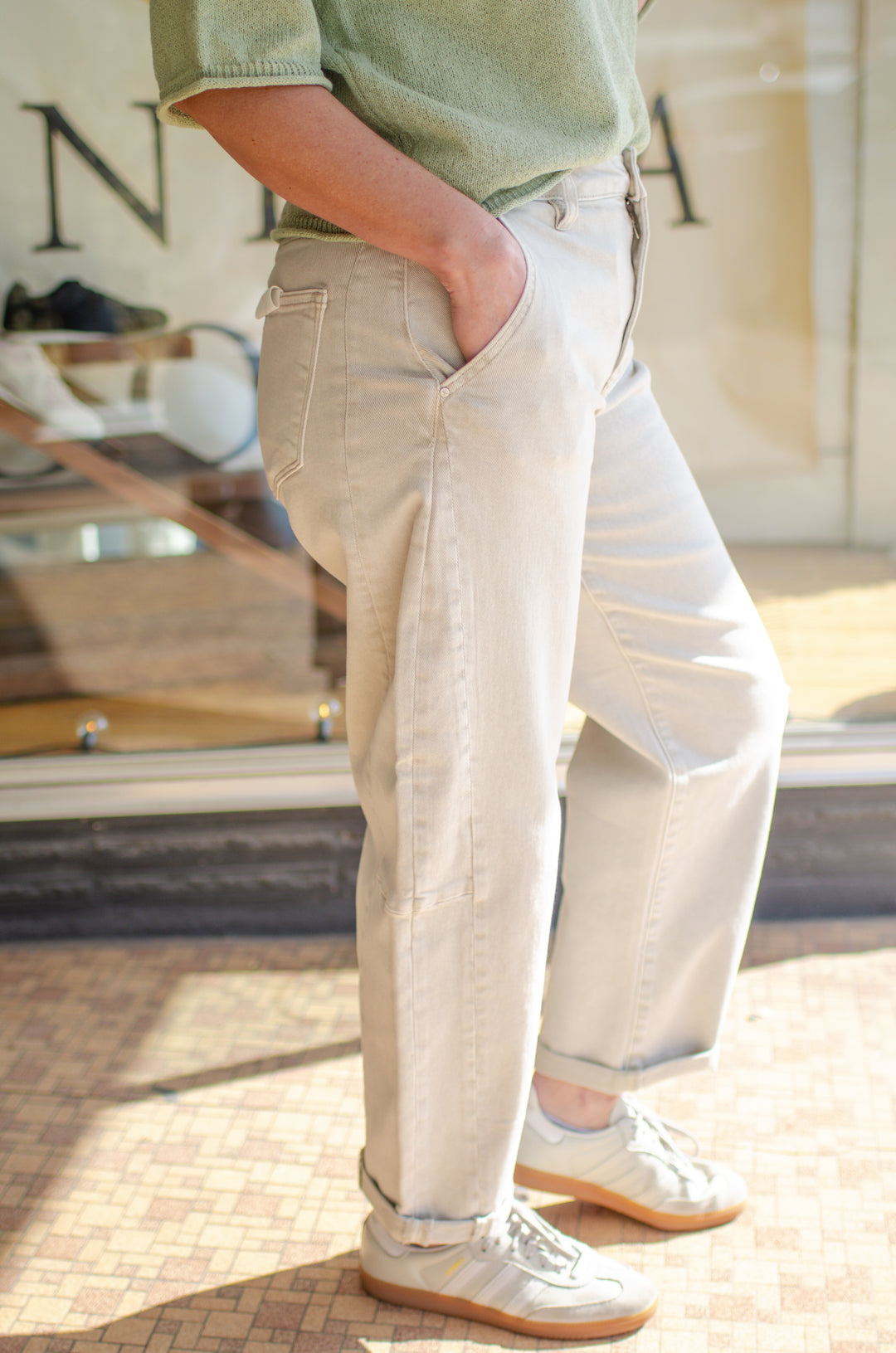 Risen High Rise Relaxed Barrel Cuffed Jeans in Almond