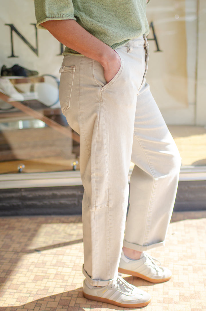 Risen High Rise Relaxed Barrel Cuffed Jeans in Almond