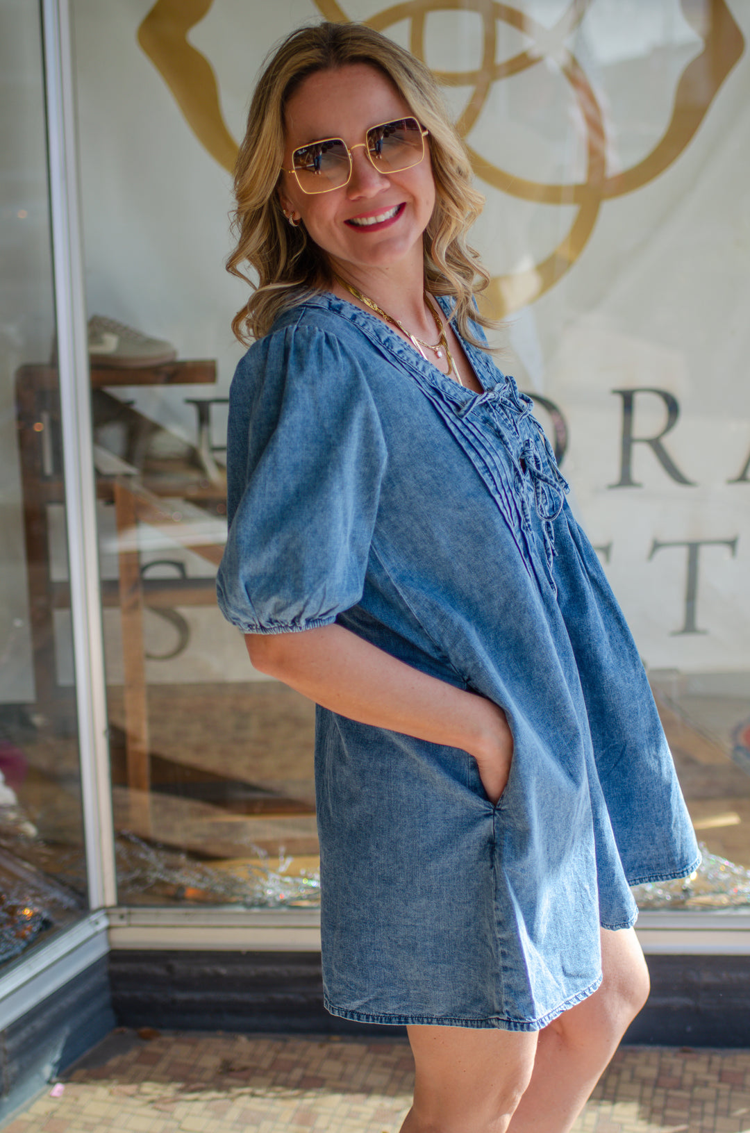 Spin Me Around Ruched Front Swing Denim Dress