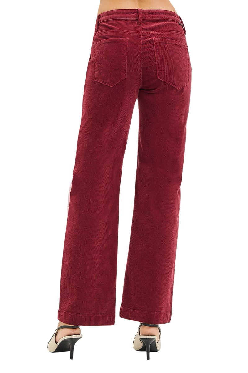 Risen Tummy Control Mid Rise Ankle Straight Leg Corduroy Pants in Wine