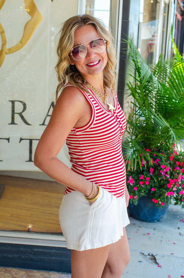 Take It in Stride Pinstripe Fitted Tank in Red & Cream Stripe