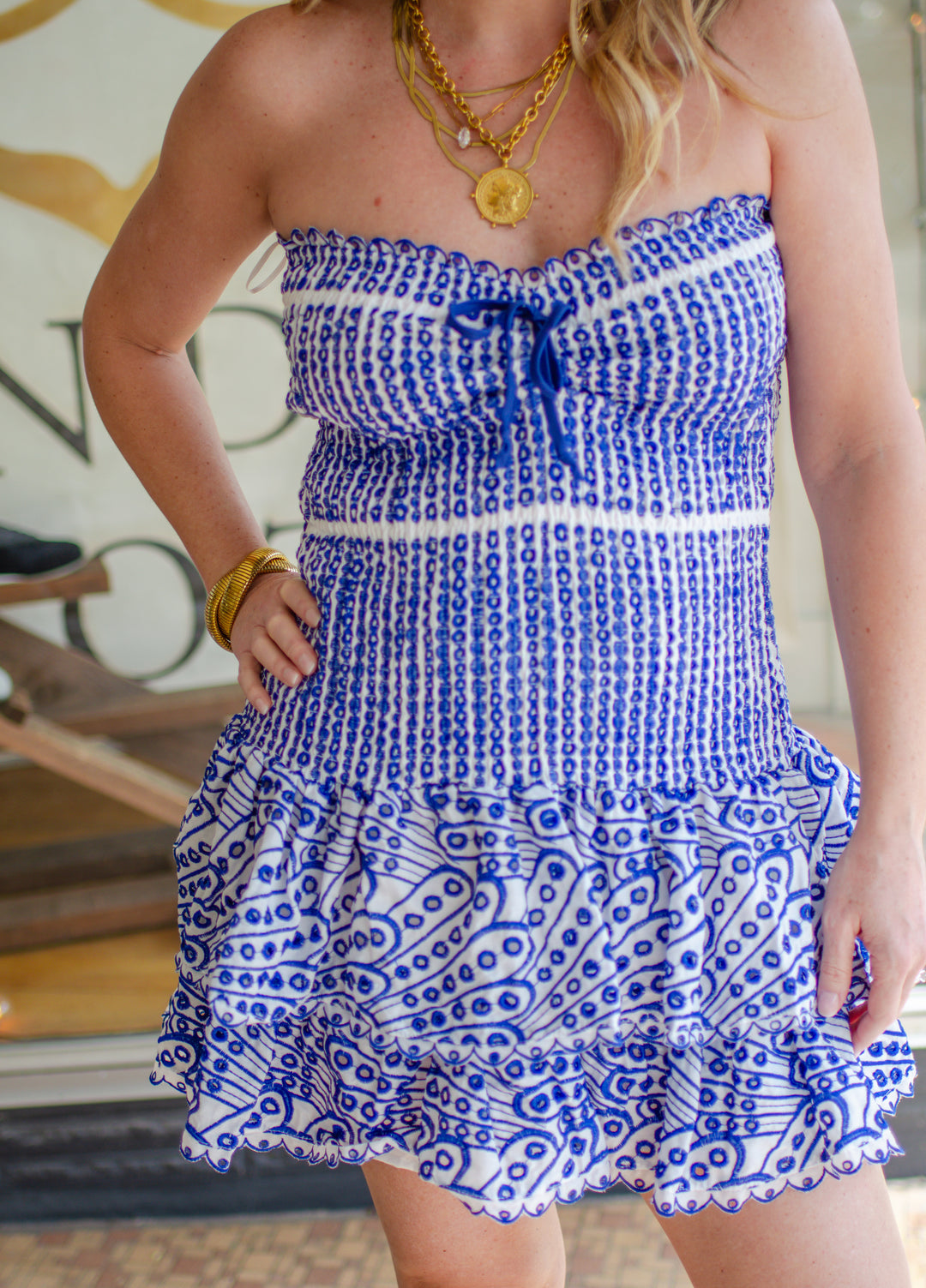 Sweet Talker Eyelet Smocked Ruffle Dress in Cobalt Blue