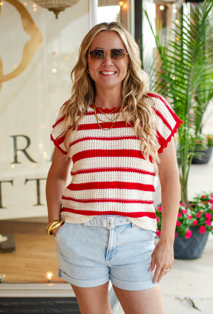 Count On Me Red & Cream Macrame Knit Top