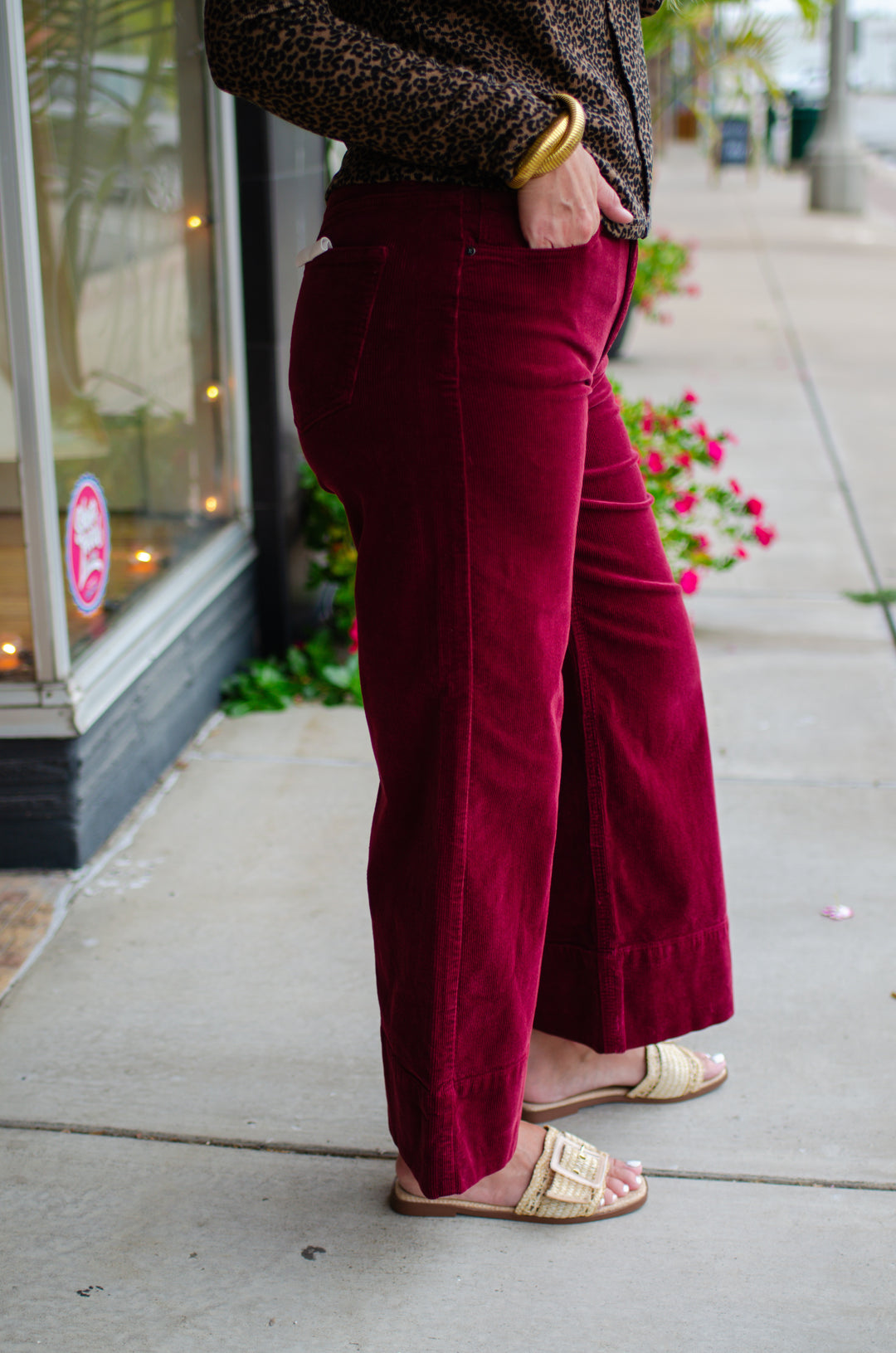 Risen High Rise Crop Wide Corduroy Pants in Wine