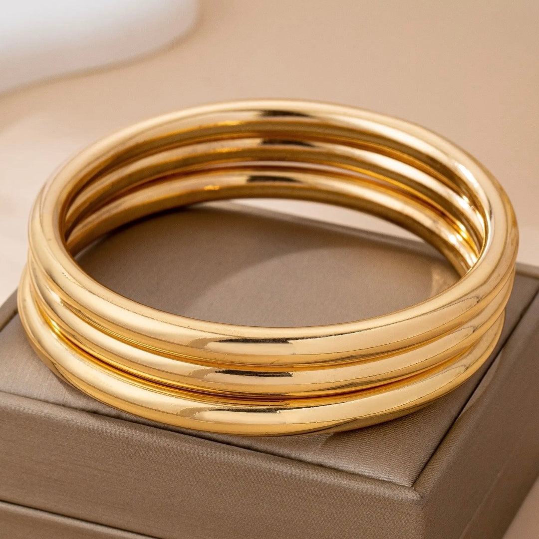 Gold Chunky Gold Plated Triple Tube Metal Bangle Sets of 2