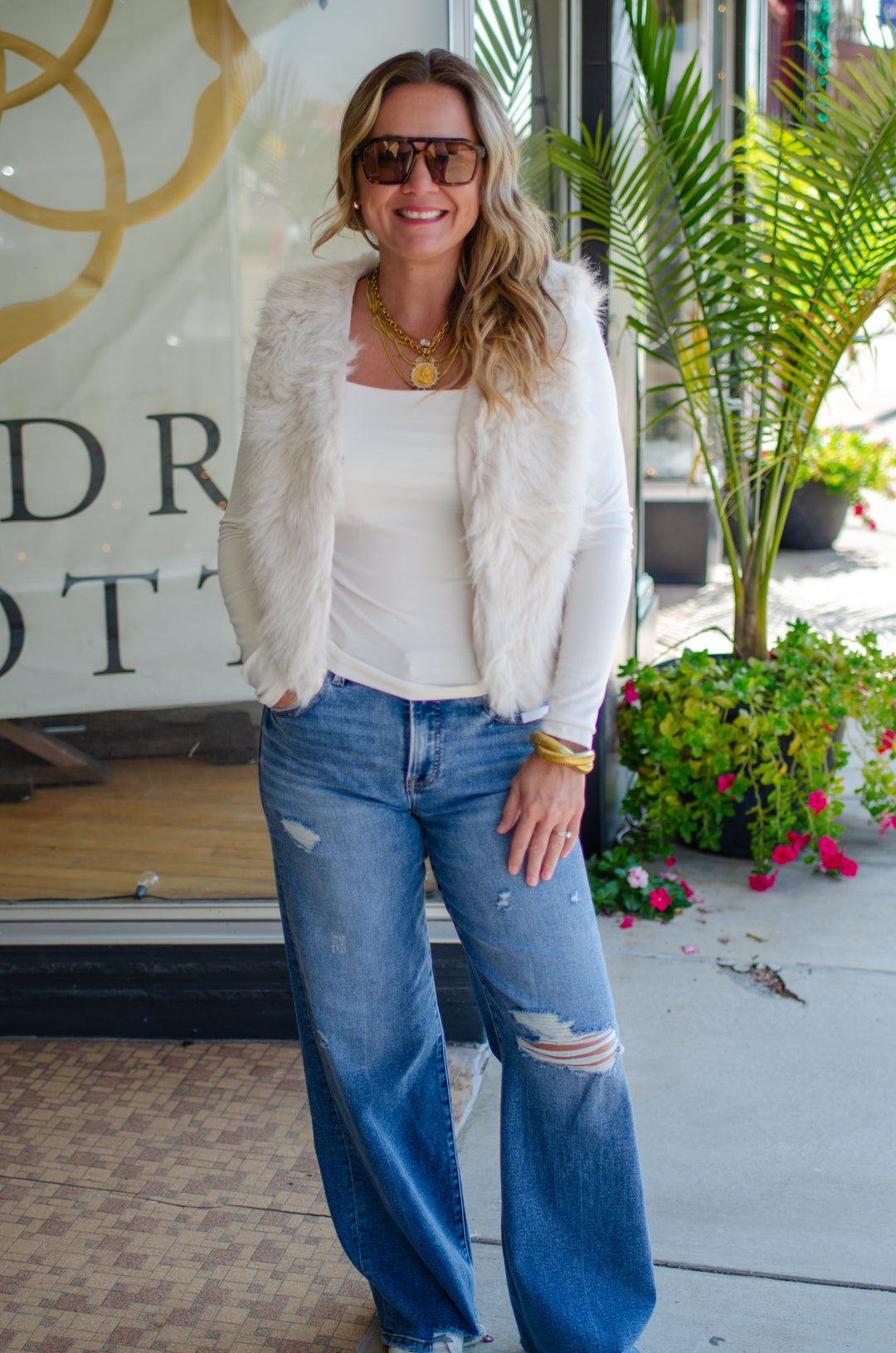 Glam Fur Vest in Ecru