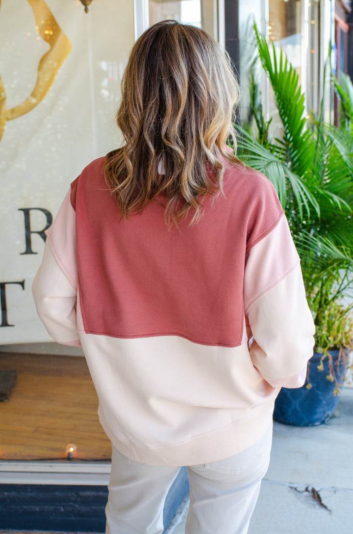 Fall Moments Color Block Oversized Pullover in Brick