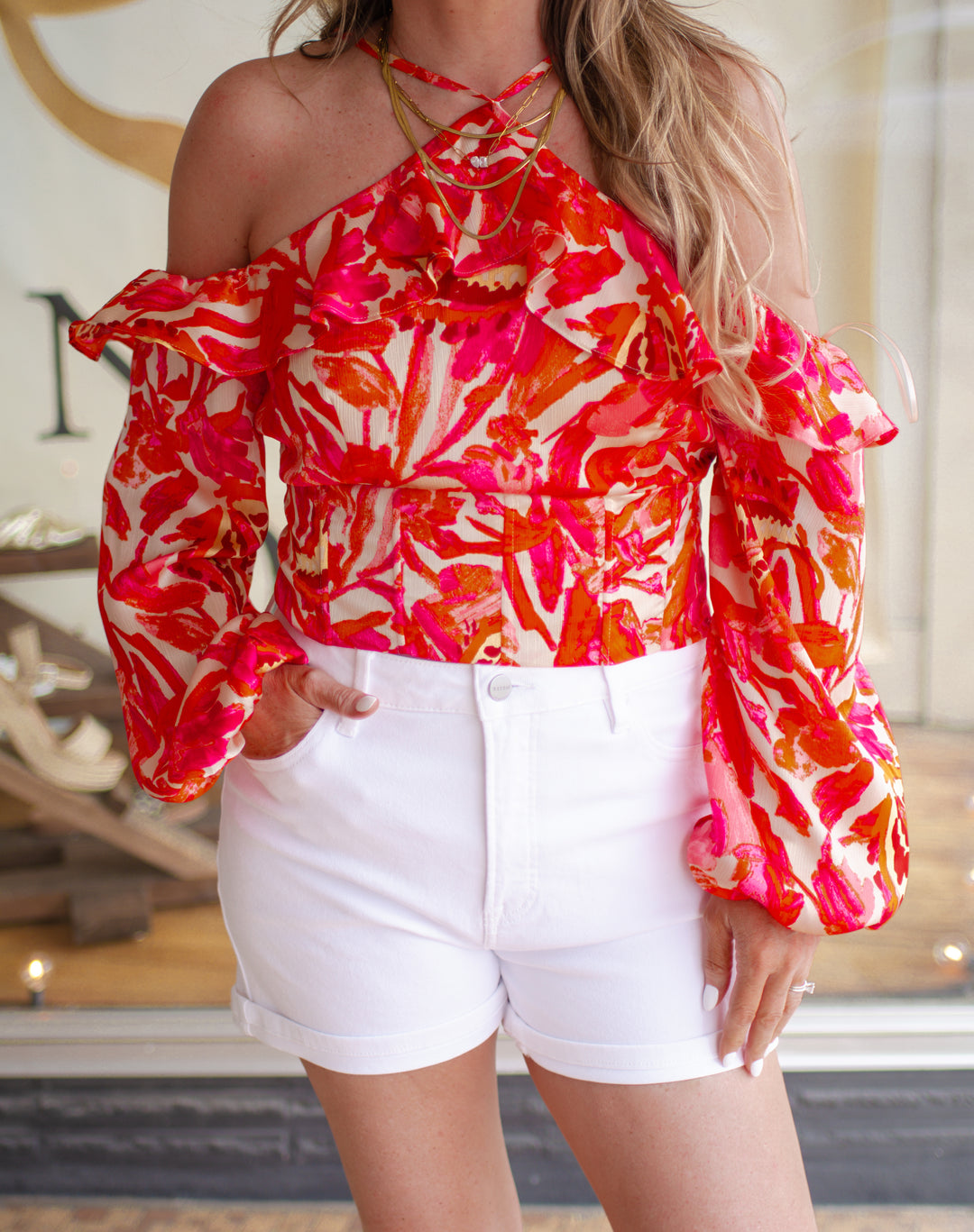 Santorini Summer Floral Off The Shoulder Long Sleeve Halter Top with Ruffles