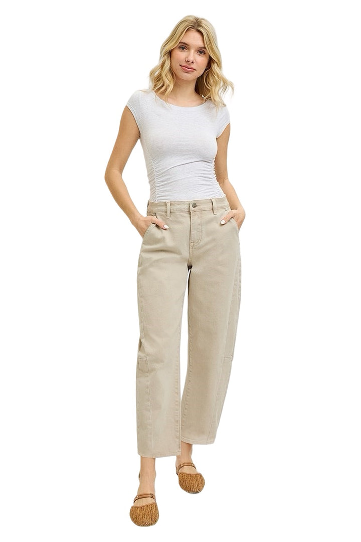 Risen High Rise Relaxed Barrel Cuffed Jeans in Almond