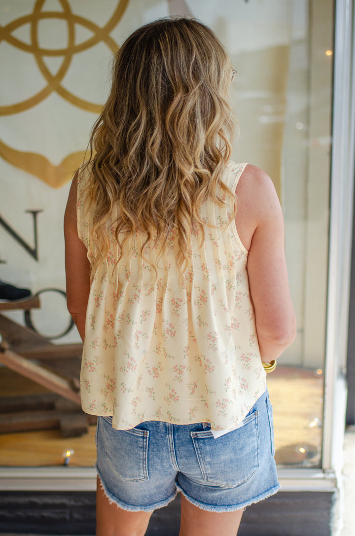 Sweet Symphony Blue Floral Tie Front Pleated Tank in Butter Yellow