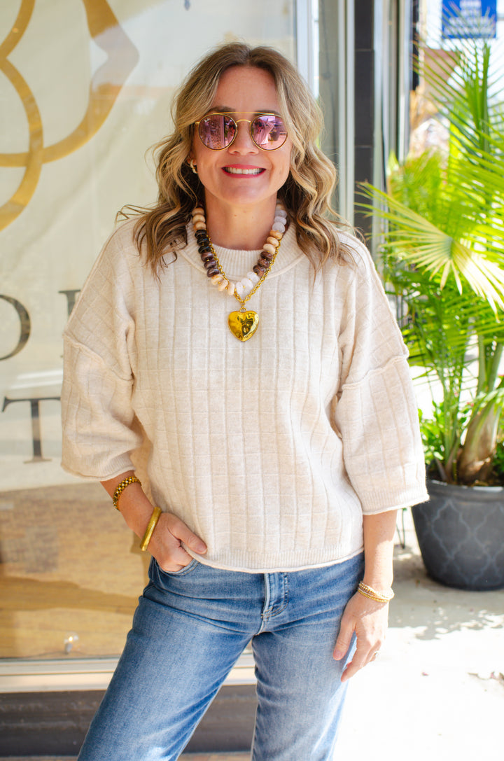 Perfect Fall Short Sleeve Textured Sweater Top in Oatmeal