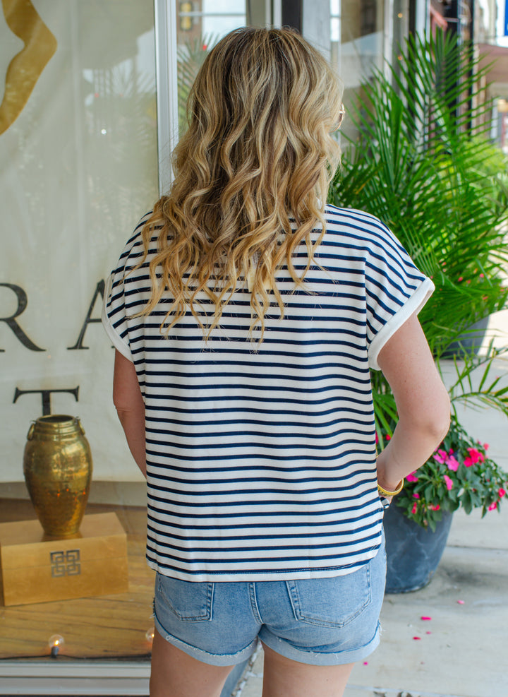 Nautical Navy & White Stripe Round Neckline Top