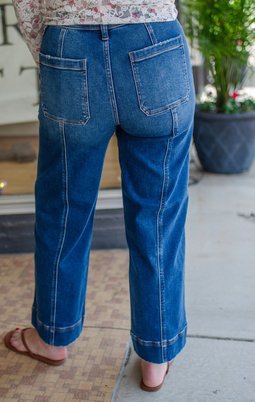 Risen High Rise Crop Straight Front Seam Detailed Jeans in Dark Wash