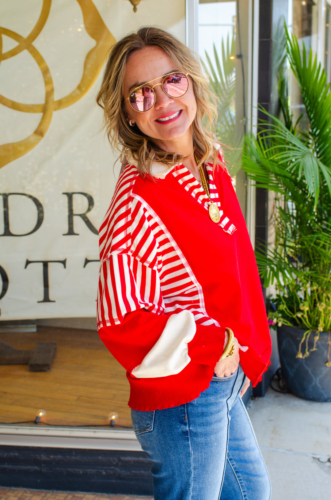 Bold Babe Stripe Trim V-Neck Oversized Top in Red