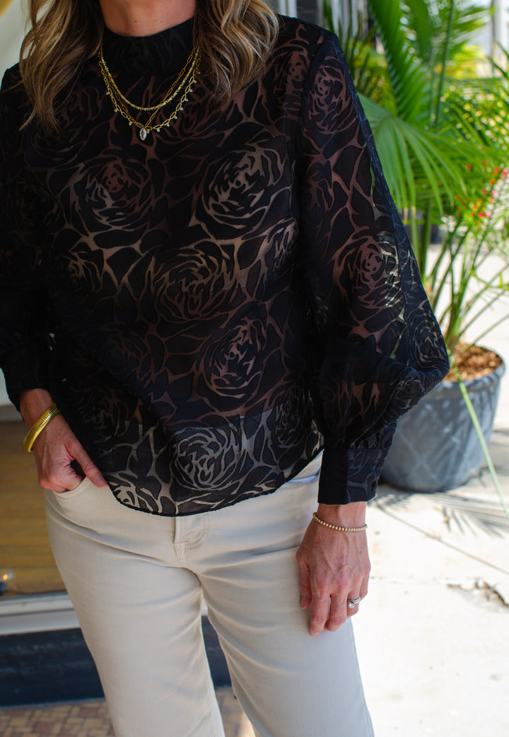 Primrose High Neckline Textured Floral in Black