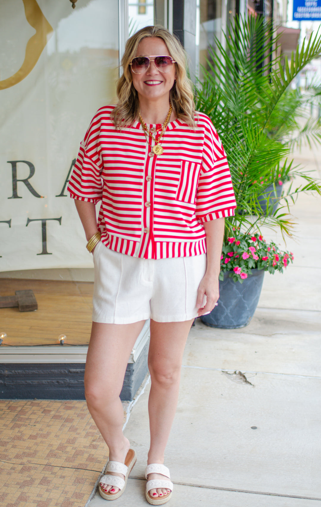 Bold Moments Stripe Pocket Short Sleeve Top in Red