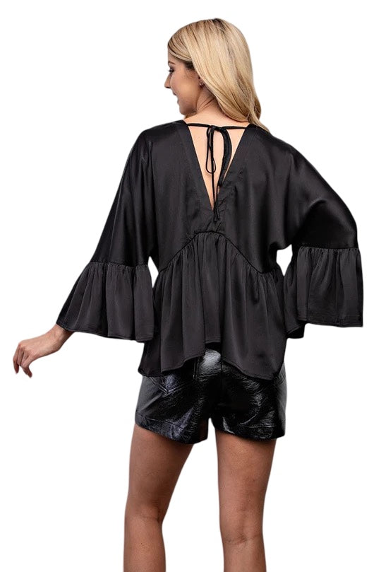 Heartbreaker Bell Sleeve Satin Top in Black