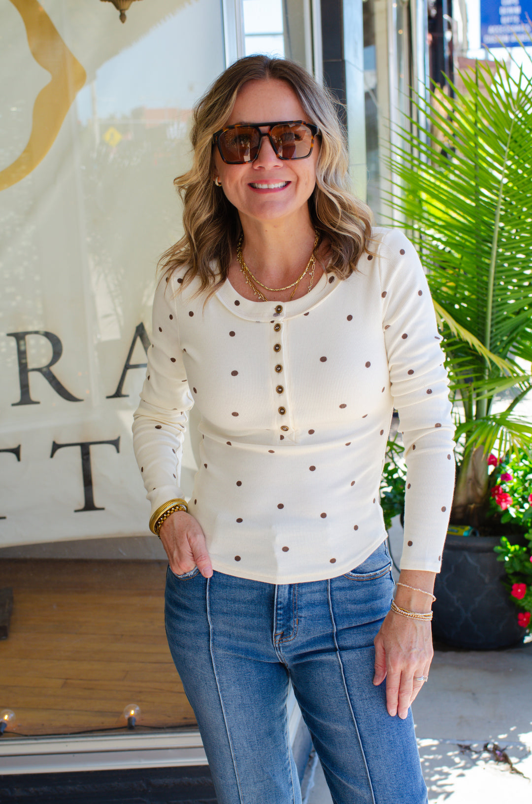 Count On Me Polka Dot Button Down Long Sleeve Fitted Top in Cream
