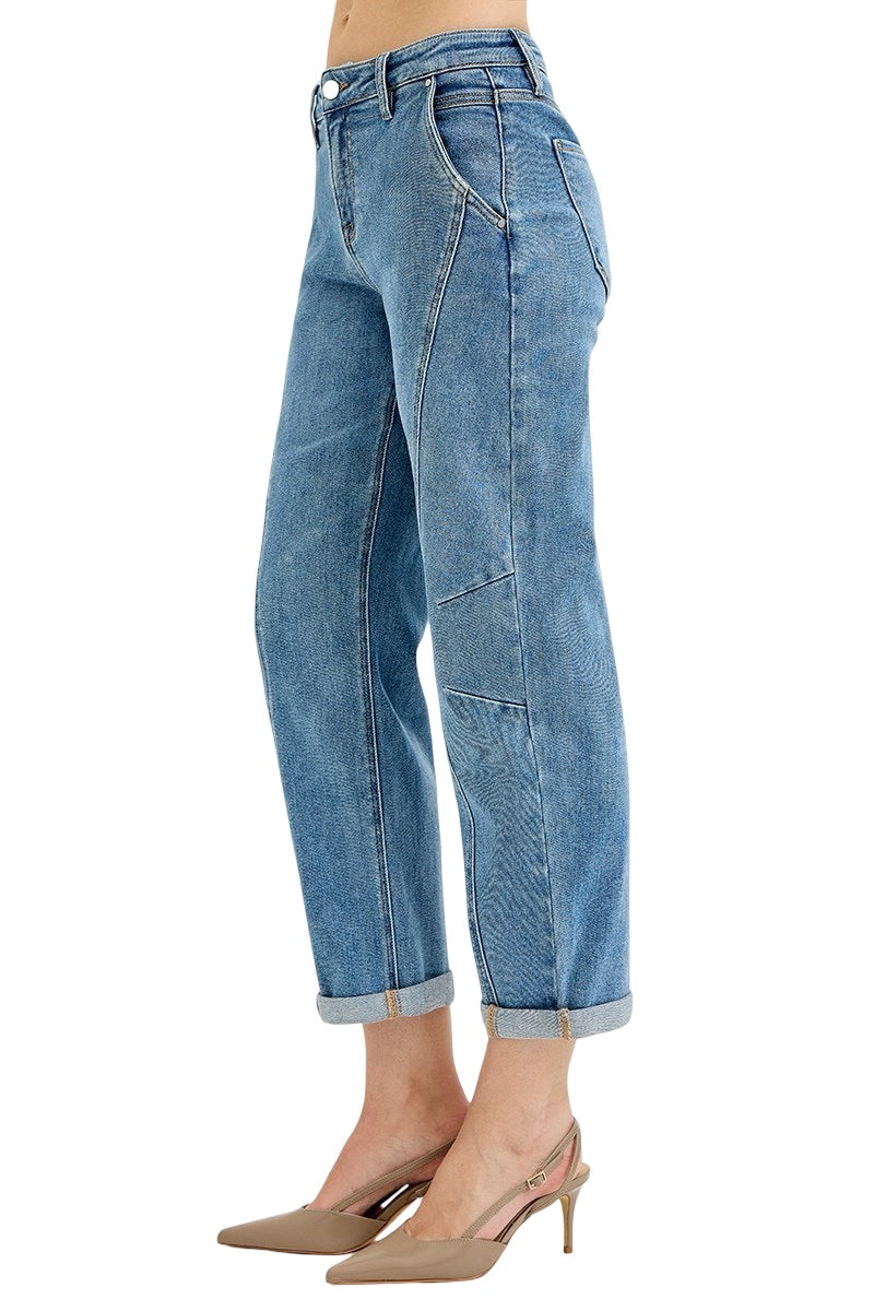 Risen Slouchy Crop Seam Detailed Barrel Jeans in Medium Wash