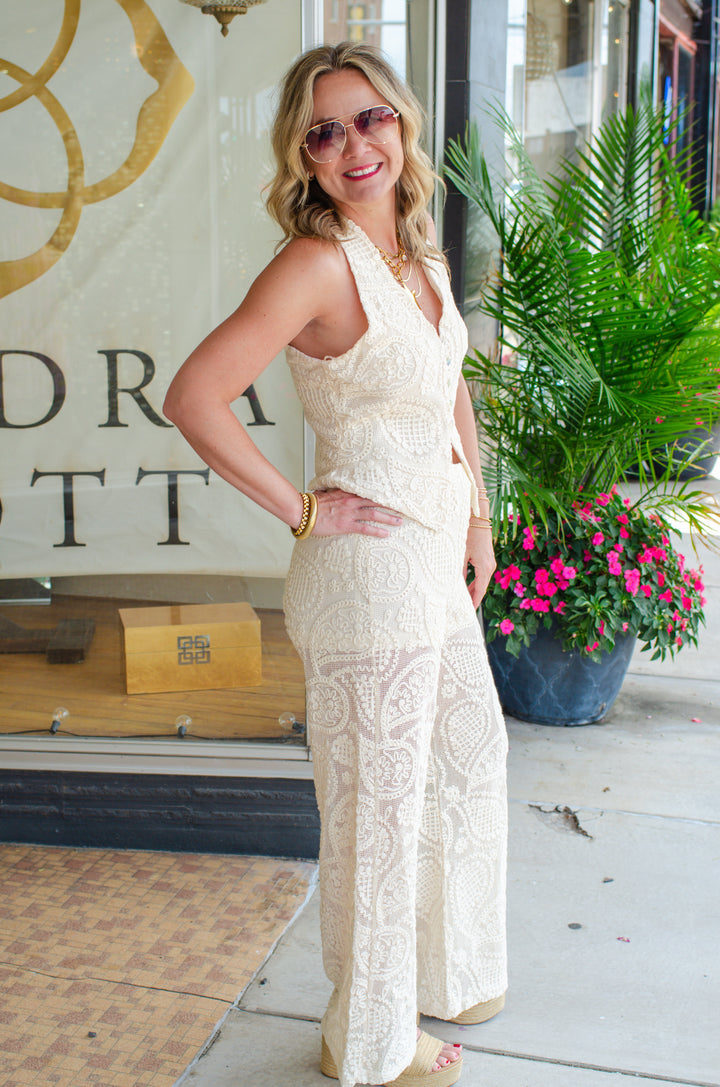 Take it Easy Macrame Button Down Top in Natural