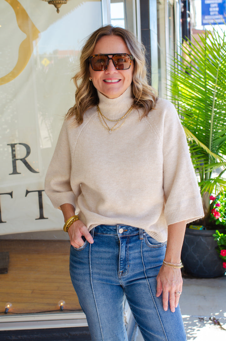 Every Move You Make Cream Mock Neckline 3/4 Sleeve Sweater in Cream