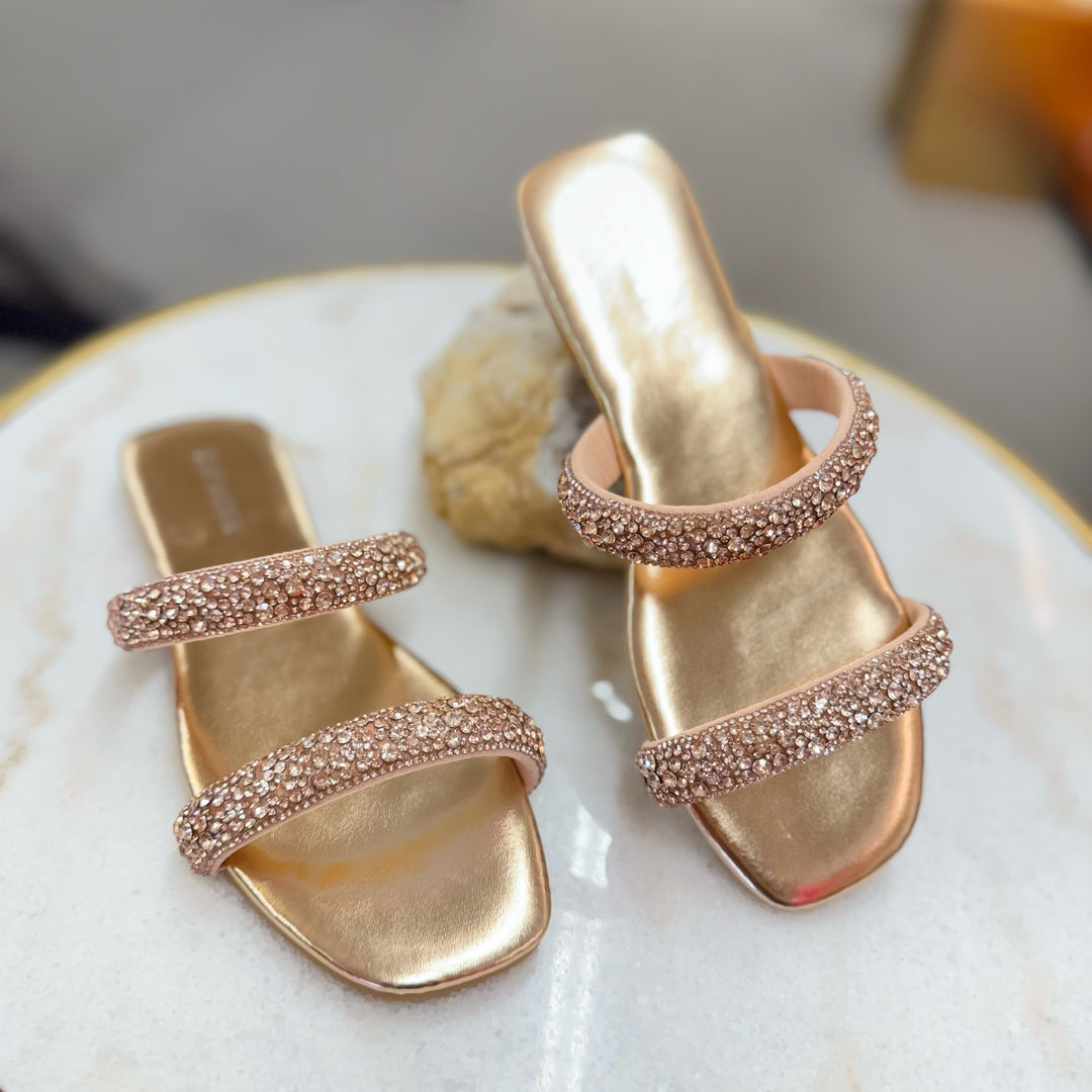 Glam Life Rhinestone Double Strap Sandal in Rose Gold