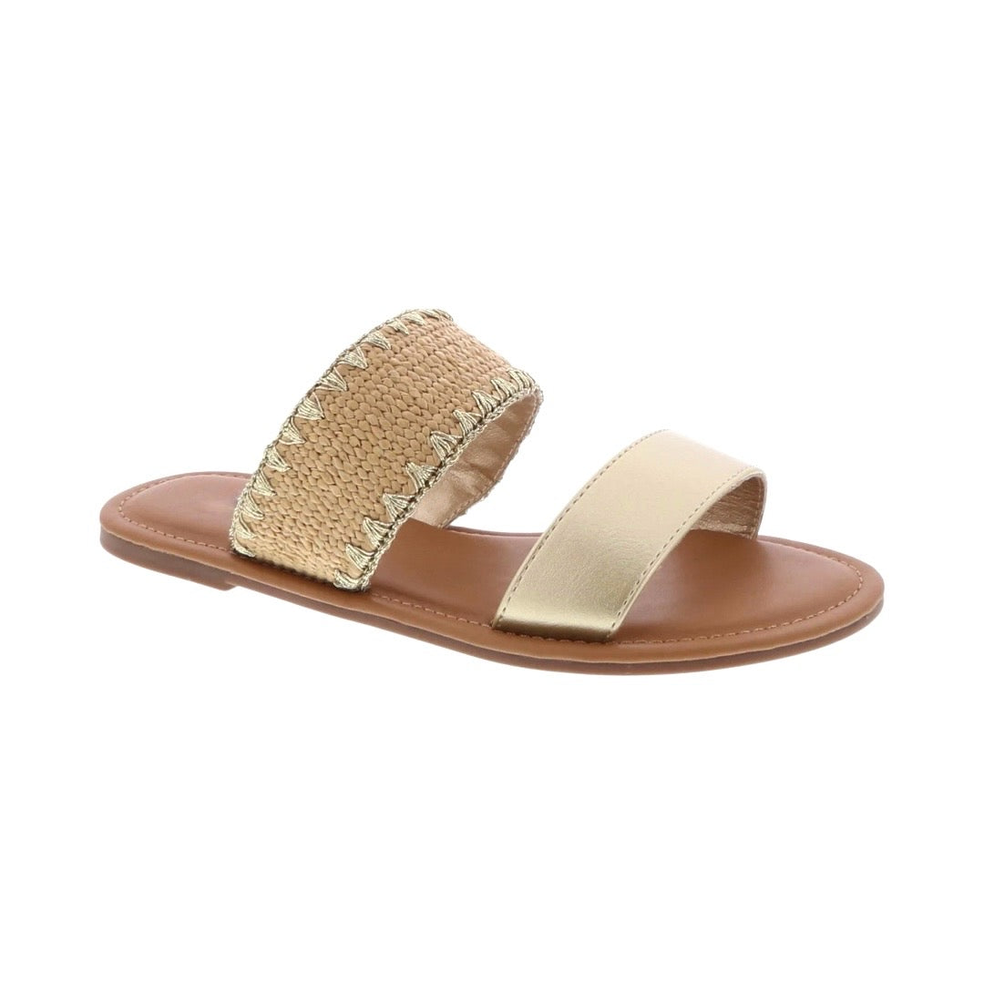 buy Gold Colorblocked designer flat sandals womens-GLAMZKART