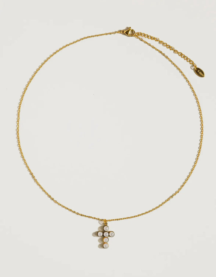 LUXE Belle 18K Gold Plated Non-Tarnish Dainty Pearl Cross Necklace