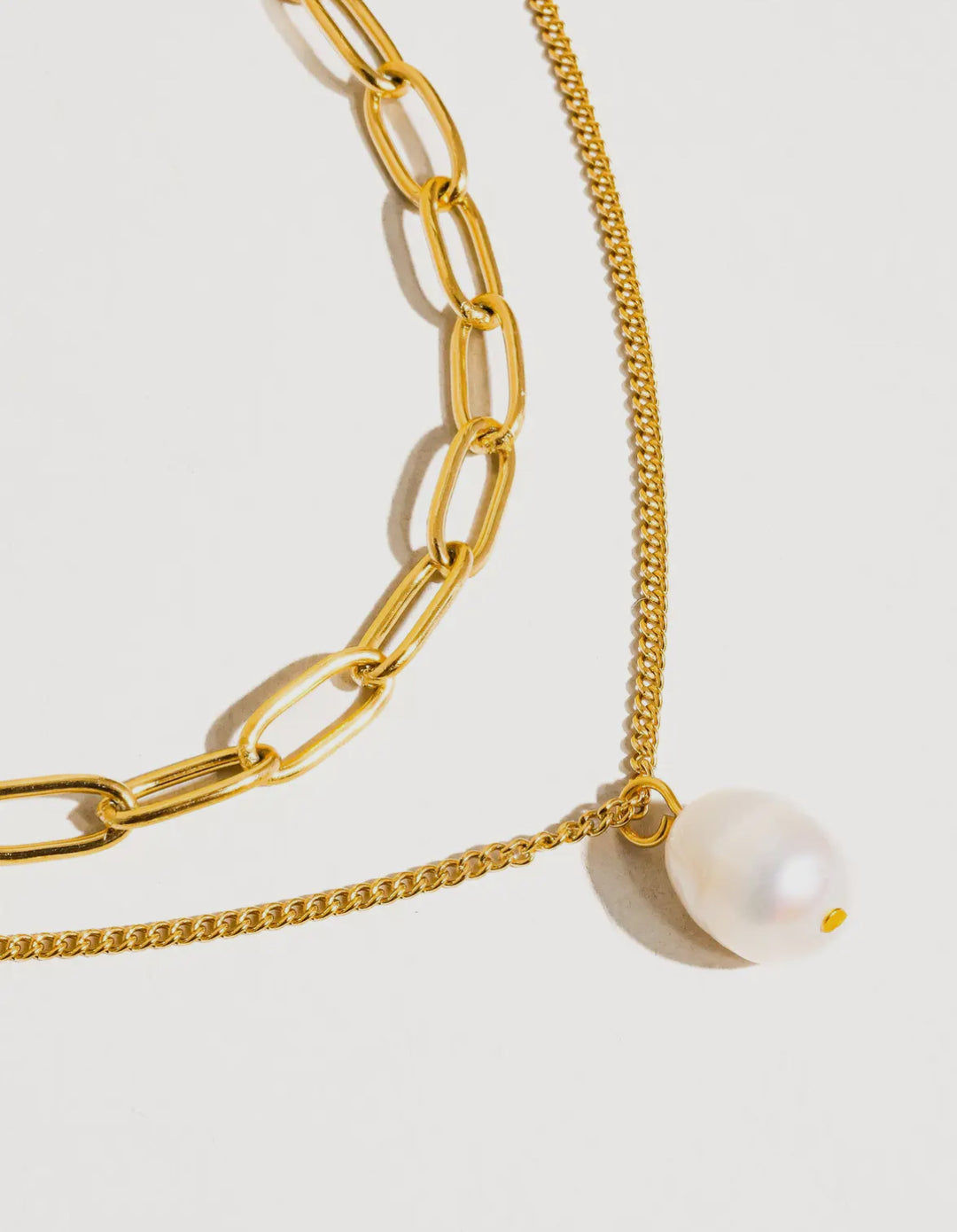 Luxe Elsie Double Pearl Drop & Paperclip Chain Necklace 18K Gold