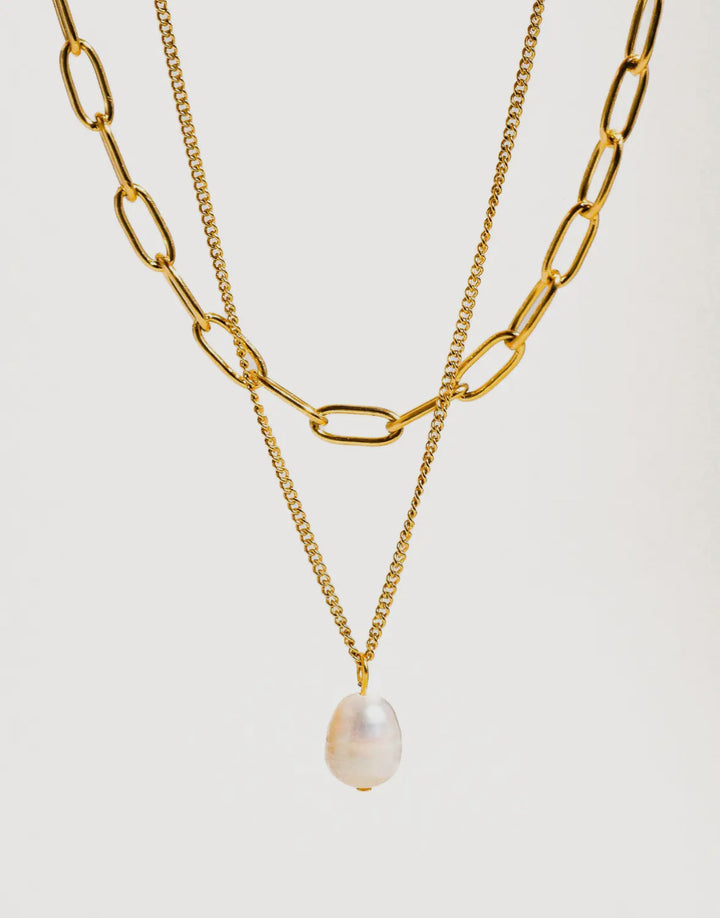 Luxe Elsie Double Pearl Drop & Paperclip Chain Necklace 18K Gold