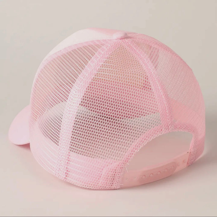 Baseball Happy Face Trucker Hat-Baby Pink