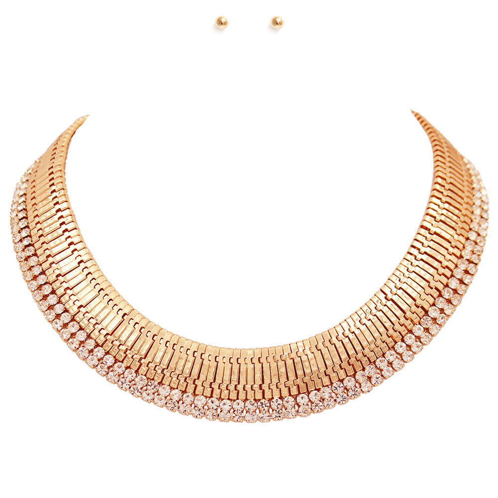 Gold Woven Band Necklace with Rhinestone Detail