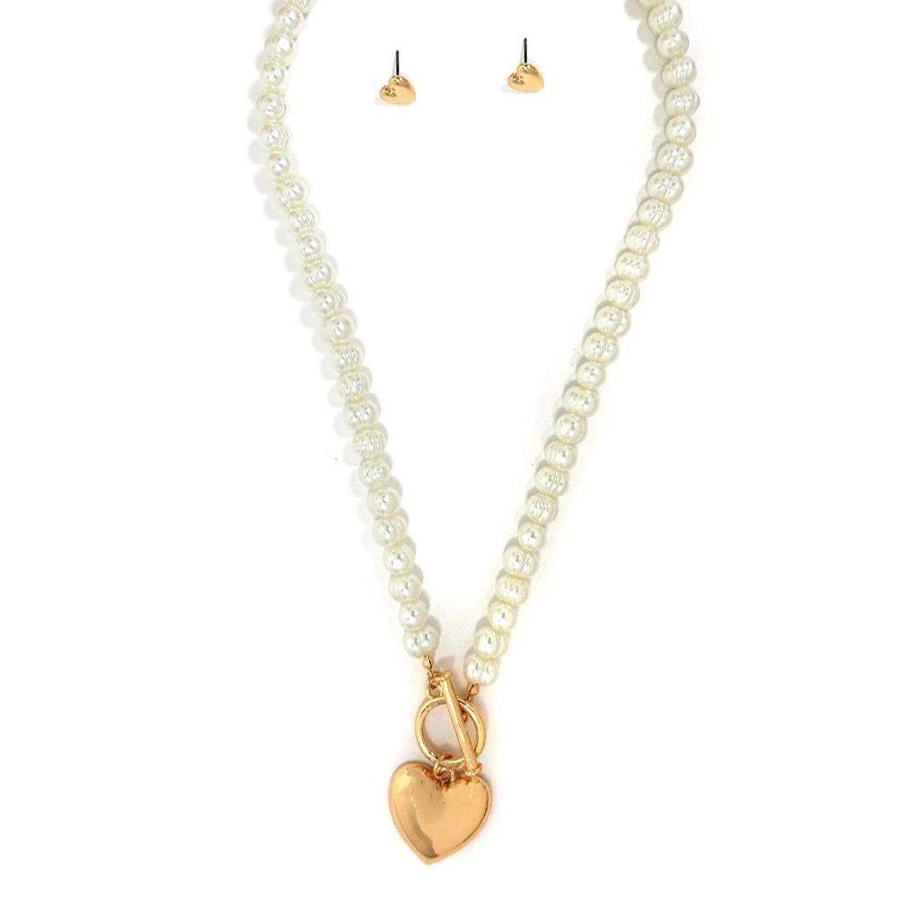 Pearl Chain Necklace with a Gold Heart Charm