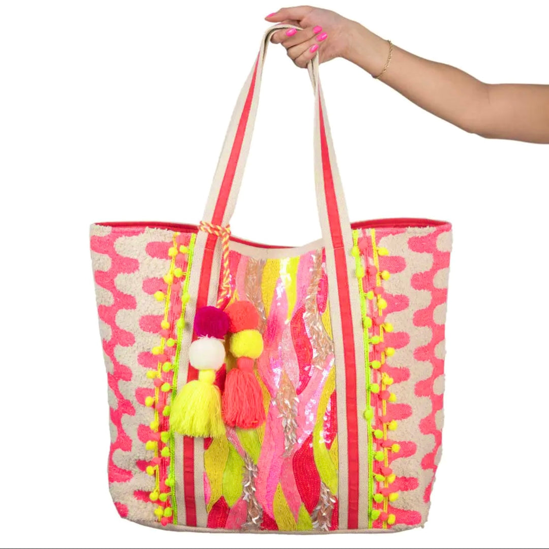 Pink/Yellow/Champagne Sequin & Beaded Tote Bag