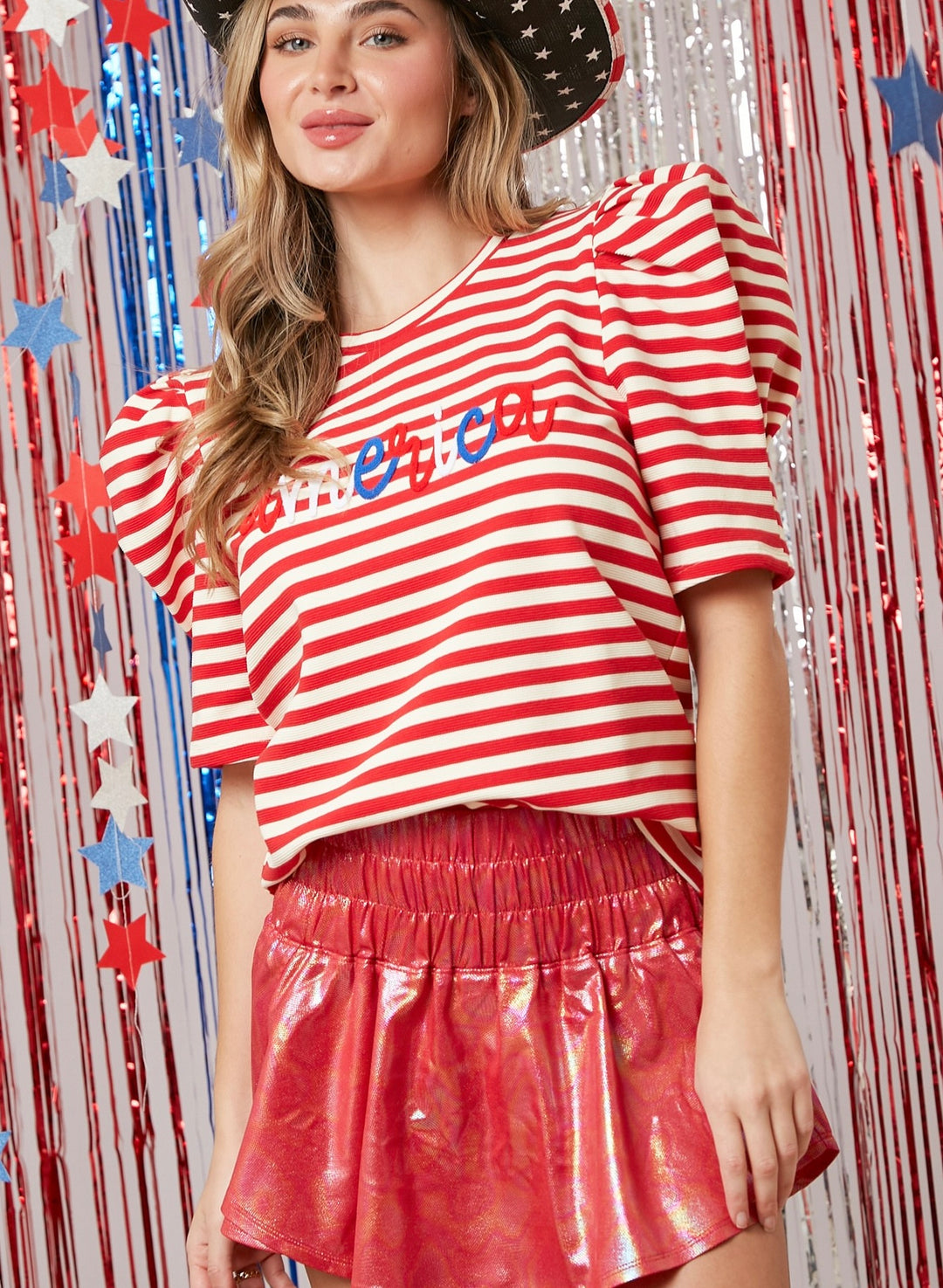 "America" Red Stripe Puff Sleeve Top