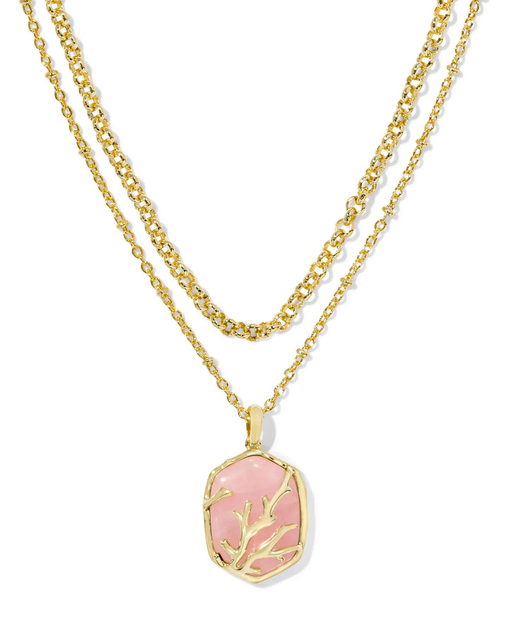 Kendra Scott Daphne Coral Frame Necklace Rose Quartz in Gold