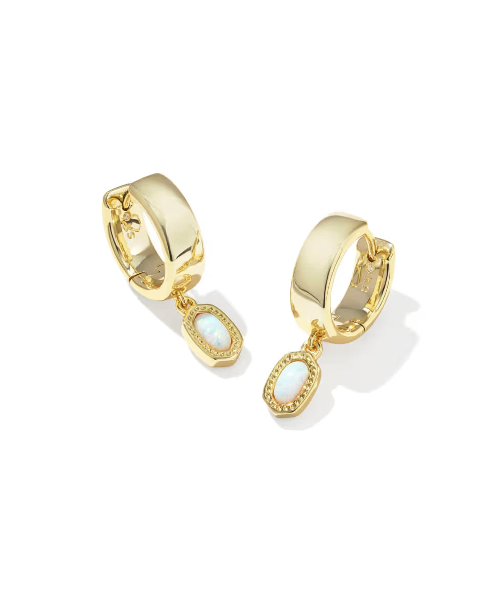 Kendra Scott Mini Blue Wide Huggie in Bright White Opal on Gold