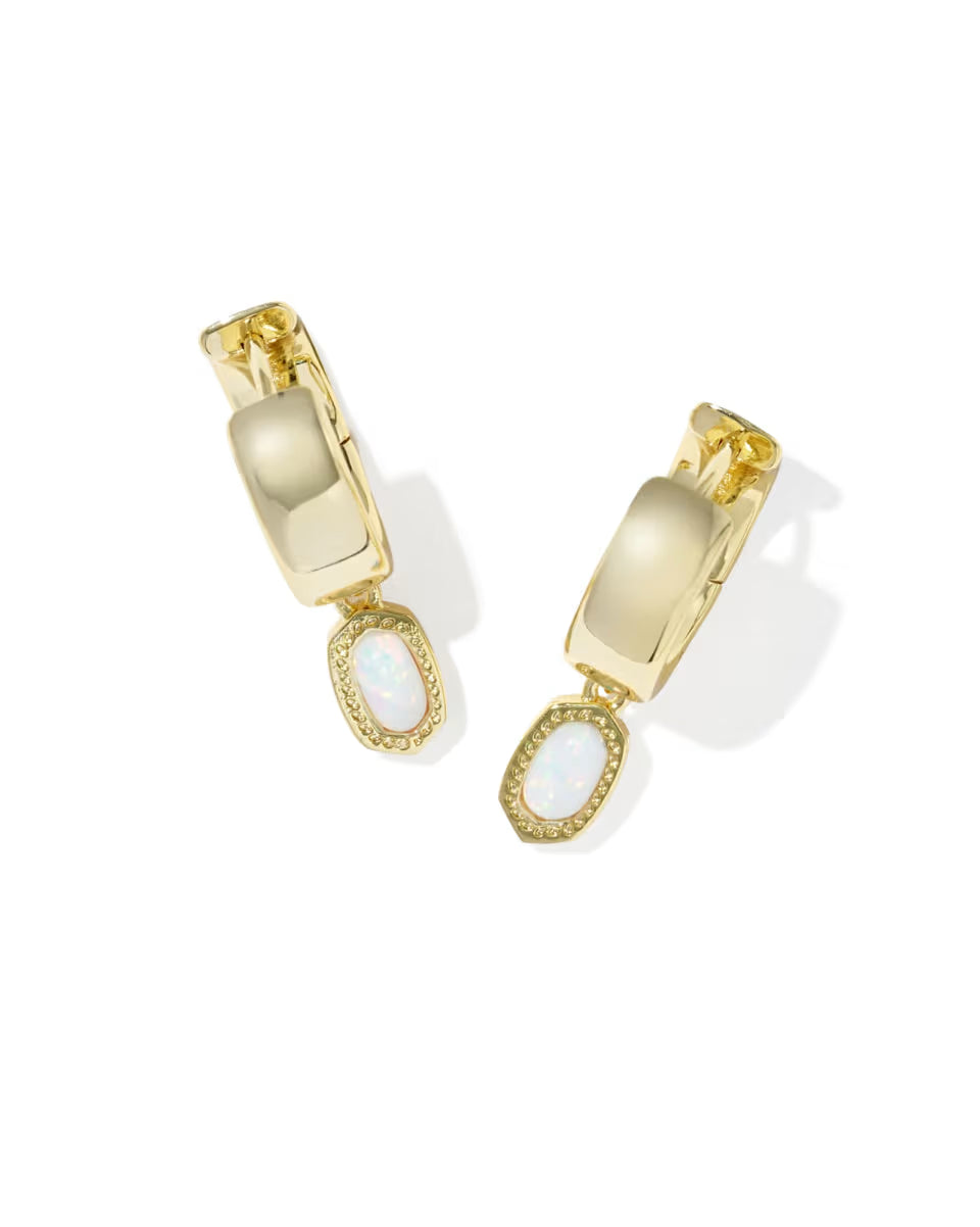 Kendra Scott Mini Blue Wide Huggie in Bright White Opal on Gold