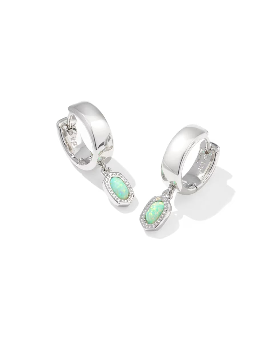 Kendra Scott Mini Ellie Green Opal Wide Huggie on Rhodium