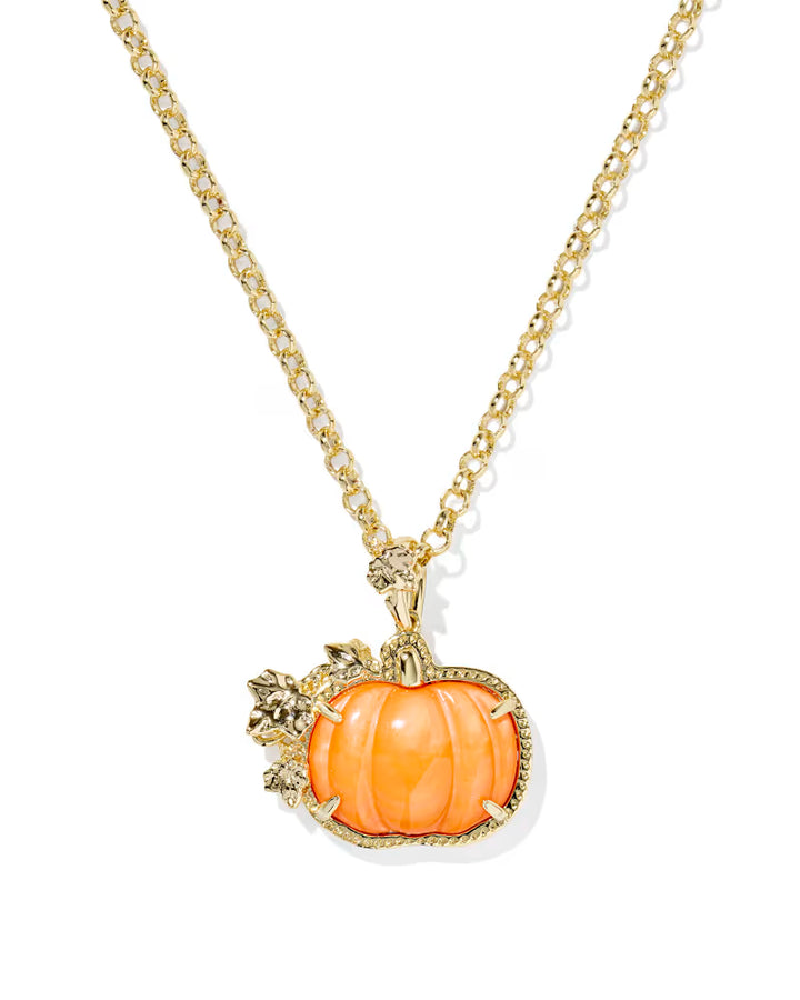 Kendra Scott Pumpkin Long Pendant Necklace in Orange Mother of Pearl on Gold
