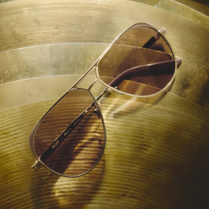 Quay Open Tab Aviator Sunglasses in Brushed Gold Doe Frame with Tan Lens