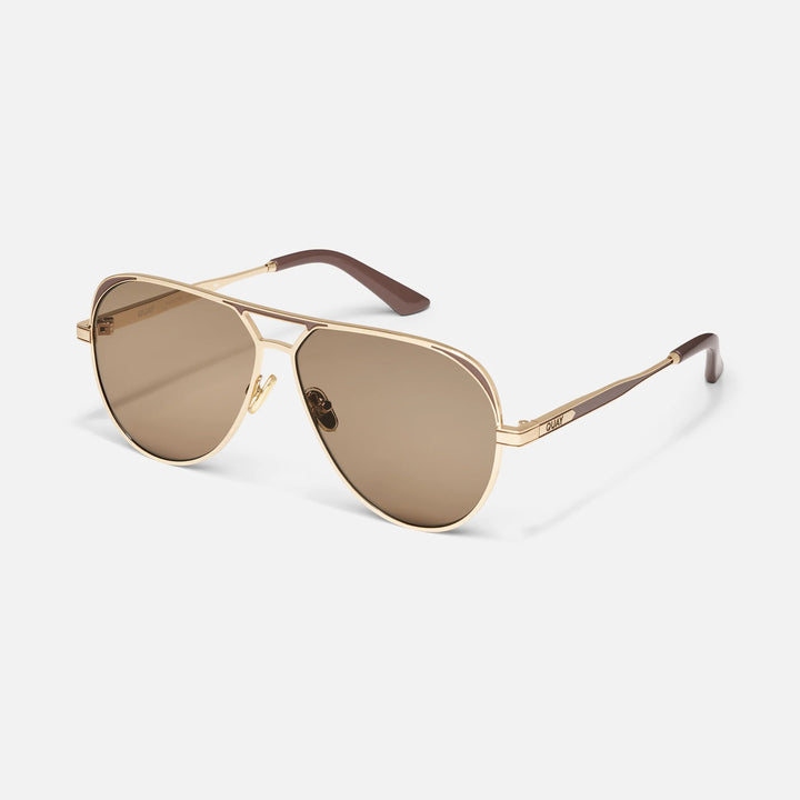 Quay Open Tab Aviator Sunglasses in Brushed Gold Doe Frame with Tan Lens