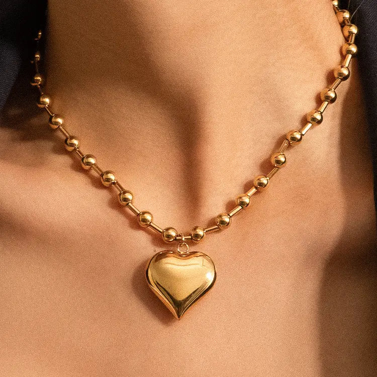 Luxe 18K Gold Plated Non-Tarnish Large Heart Ball Chain Necklace