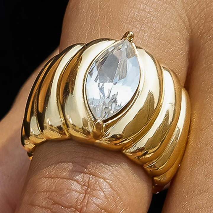 Luxe 18K Gold Non-Tarnish Marquise CZ Statement Ring SZ7