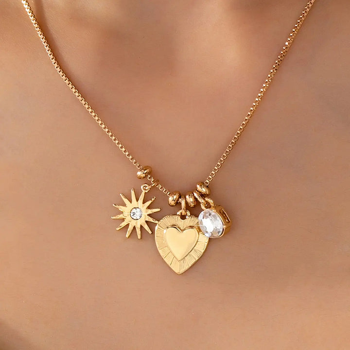Celestial Heart and Starburst Charm Necklace in Gold