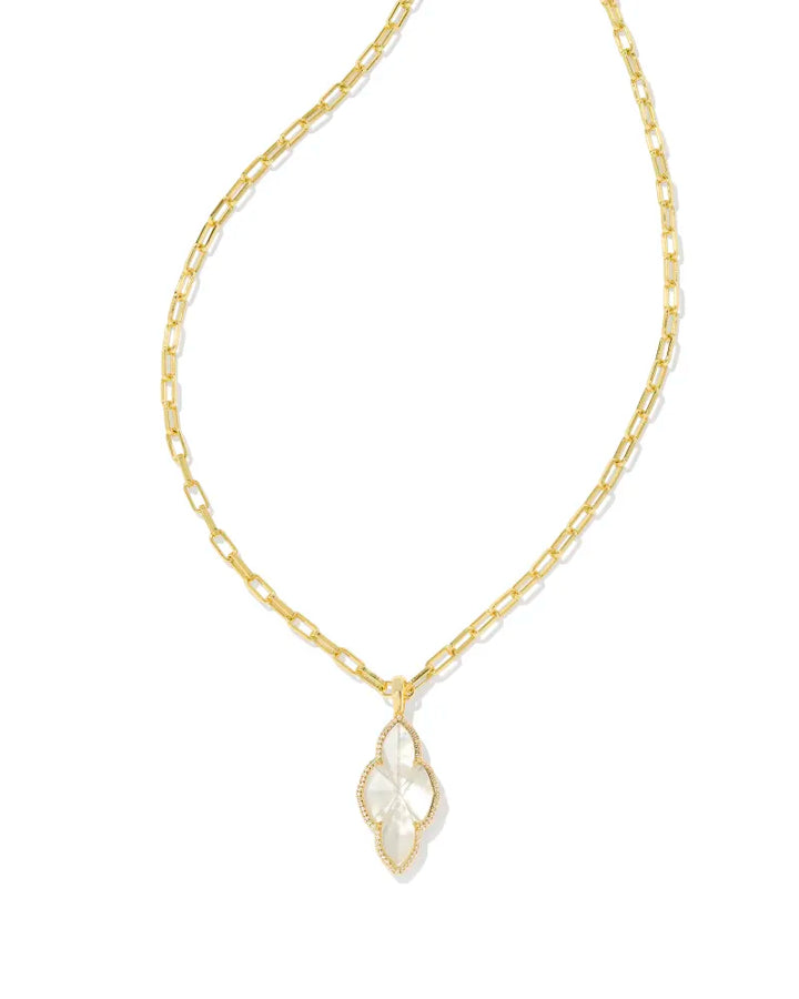 Kendra Scott Abbie Pave Frame Long Pendant Necklace in Ivory Mother of Pearl Gold