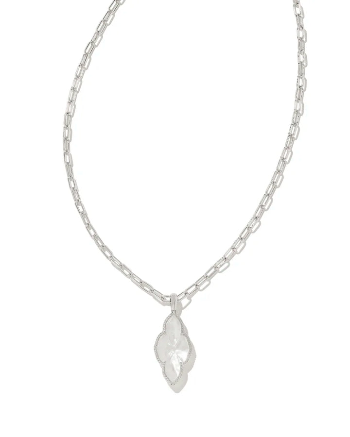 Kendra Scott Abbie Pave Frame Long Pendant Necklace in Ivory Mother of Pearl Silver