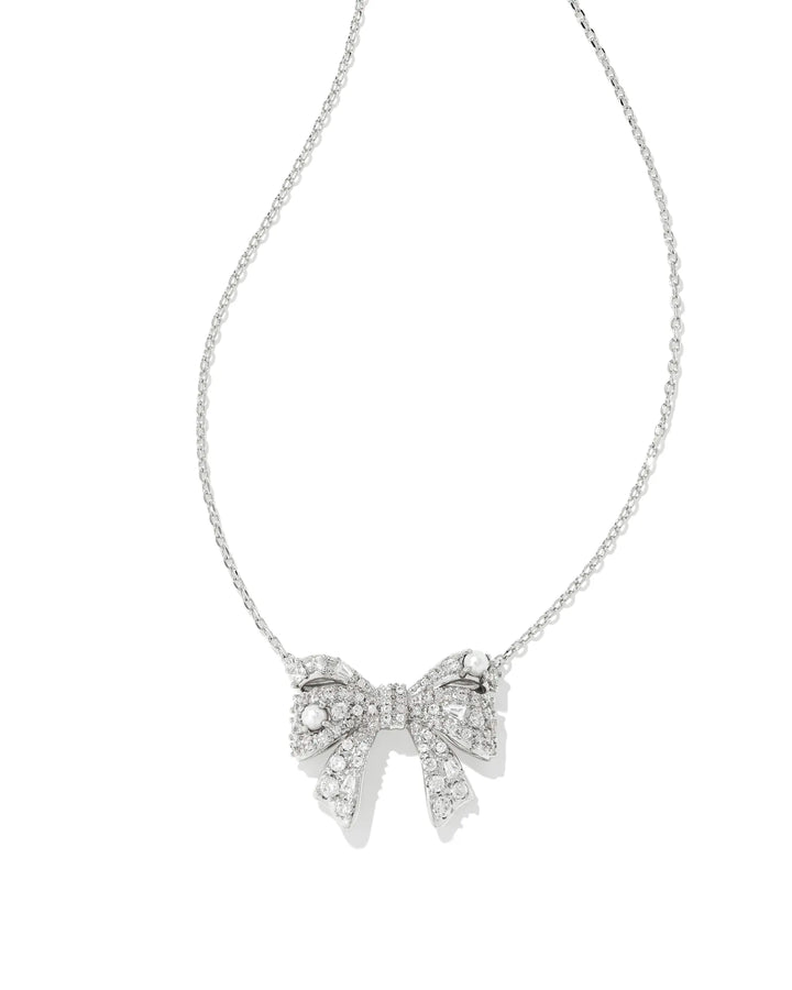 Kendra Scott Krista Bow Necklace Pendant in White Crystal Silver