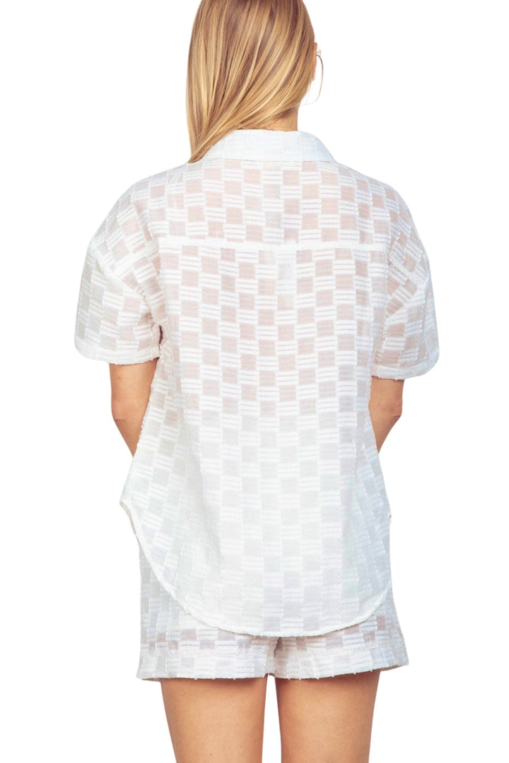 Call Me Later Sheer Lattice Textured Button Down Top