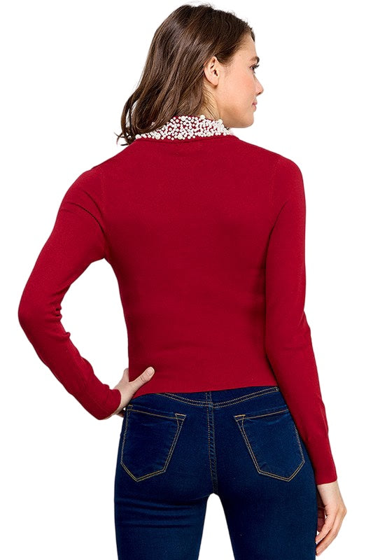 Queen of Pearls Embellished Mock Neckline Fitted Stretch Knit Sweater in Wine